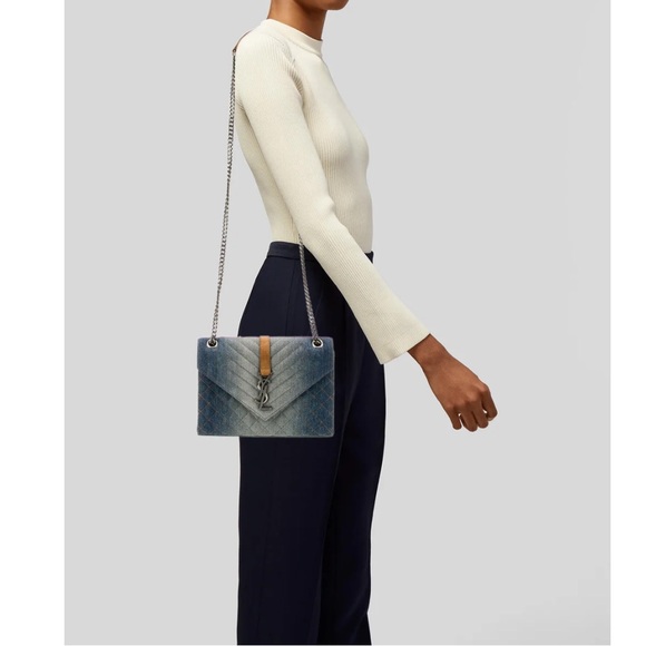 SAINT LAURENT Chevron Denim Monogram Medium Envelope Bag - Picture 5 of 5